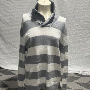Method gray and white striped pullover sweater with a cowl neck